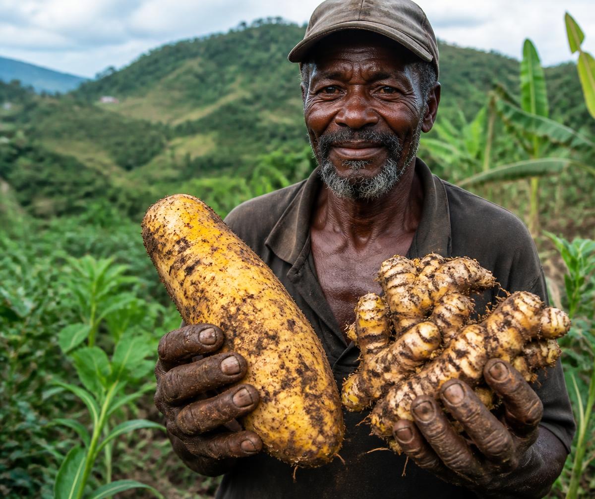 Farmer holding freshly harvested yellow yam and ginger in Clarendon